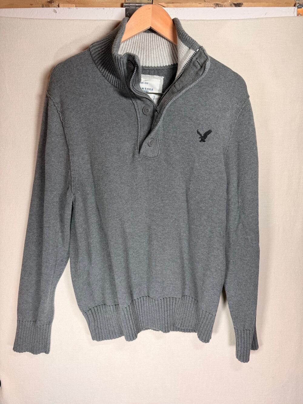 American Eagle Mens XL Gray Cotton Mock Neck Quarter Button Sweater Classic Fit
